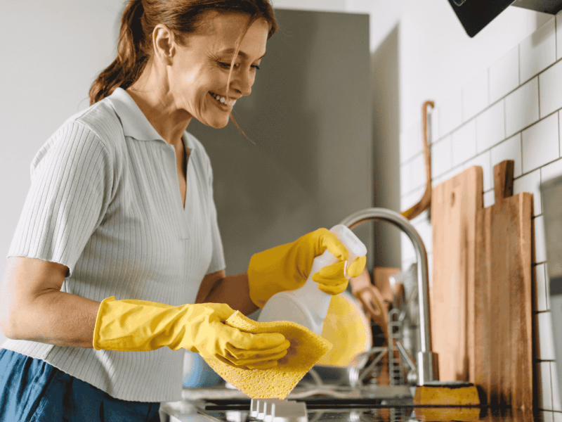Ältere Frau putzt Küche, trägt dabei gelbe Putzhandschuhe.