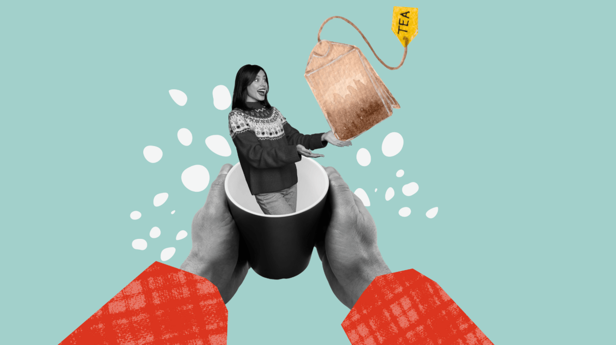 Collage einer Frau in einer Tasse, die auf einen Teebeutel zeigt.