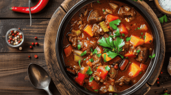 Veganes Gulasch mit Paprika und Sojaschnetzel.