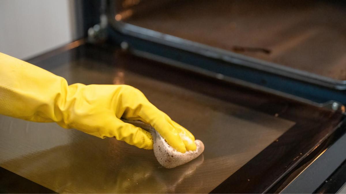 Frau reinigt die Scheibe des Backofens.