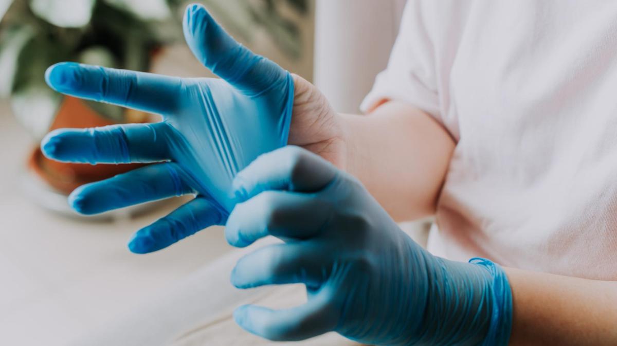 Eine Person mit hellem Shirt streift sich konzentriert blaue Einweghandschuhe über, im Hintergrund unscharf eine grüne Zimmerpflanze.