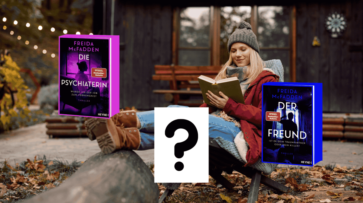 Frau liest im Herbst draußen ein Buch.