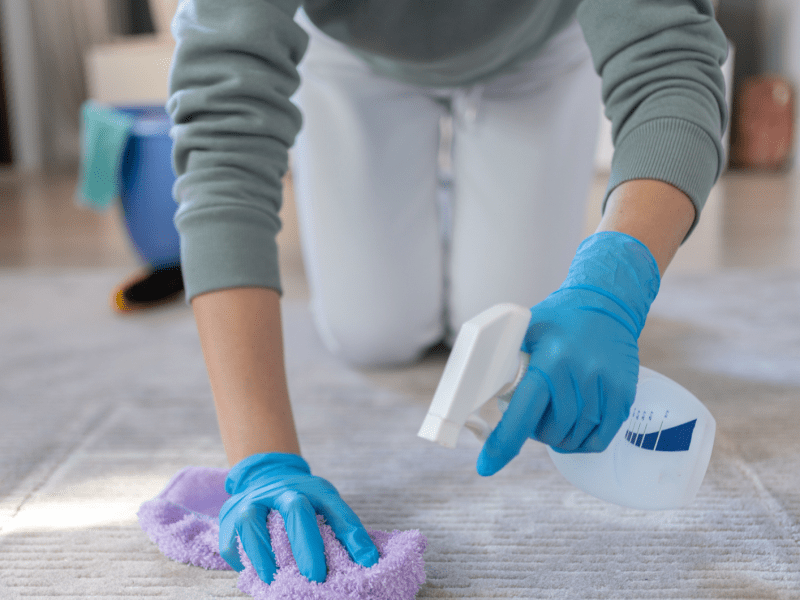 Frau reinigt einen Teppich mit einem Schwamm.