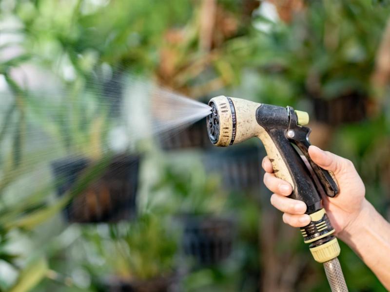 Frau hat einen Gartenschlauch mit Düse in der Hand, aus der Wasser kommt.