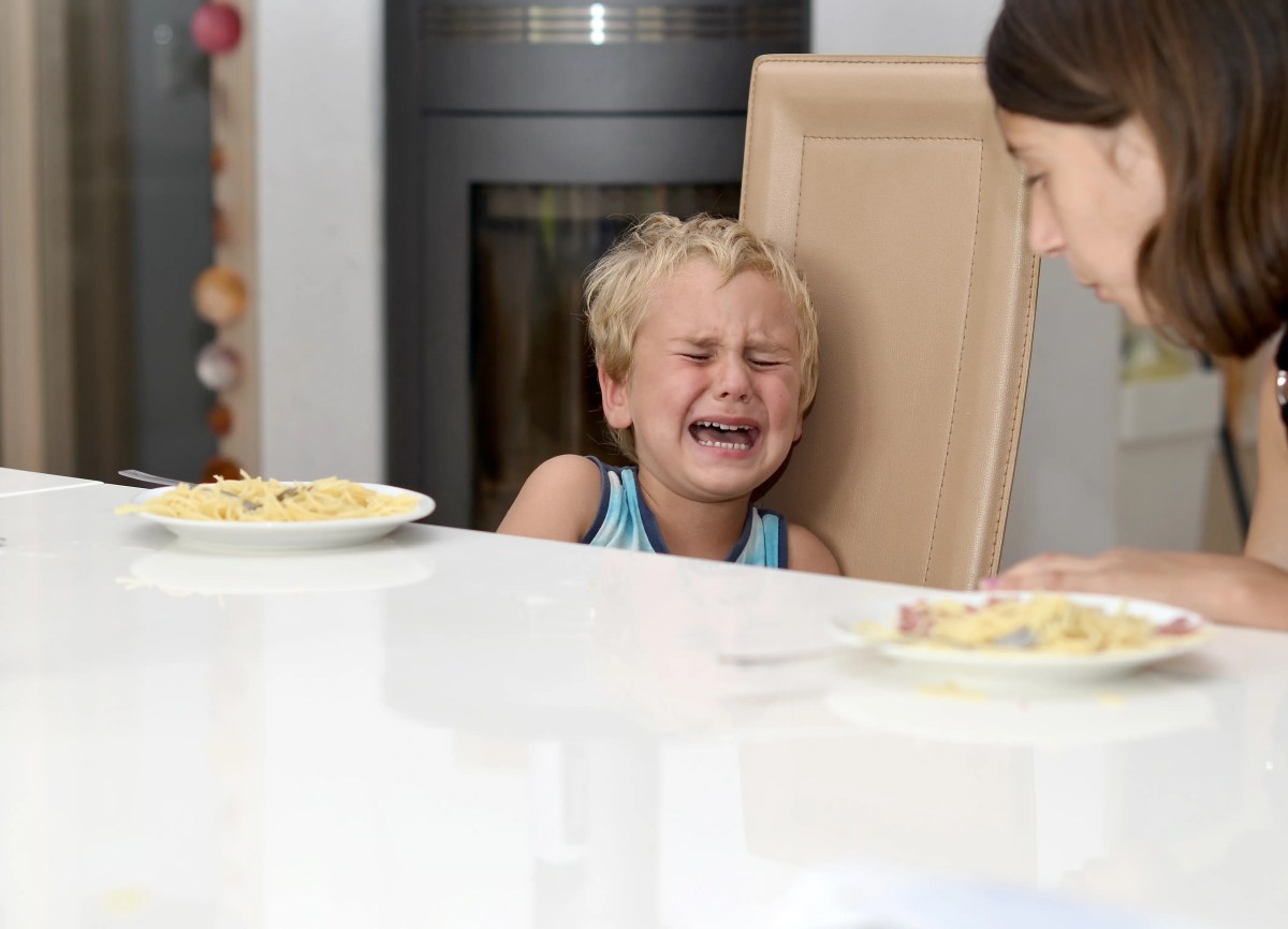 Junge sitzt schreiend am Esstisch mit seiner Mutter, dieihn versucht zu trösten.