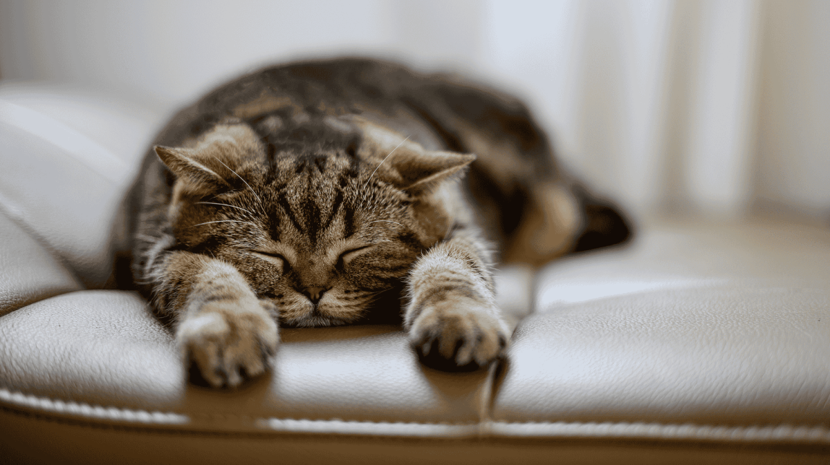 Katze schläft auf Sessel.