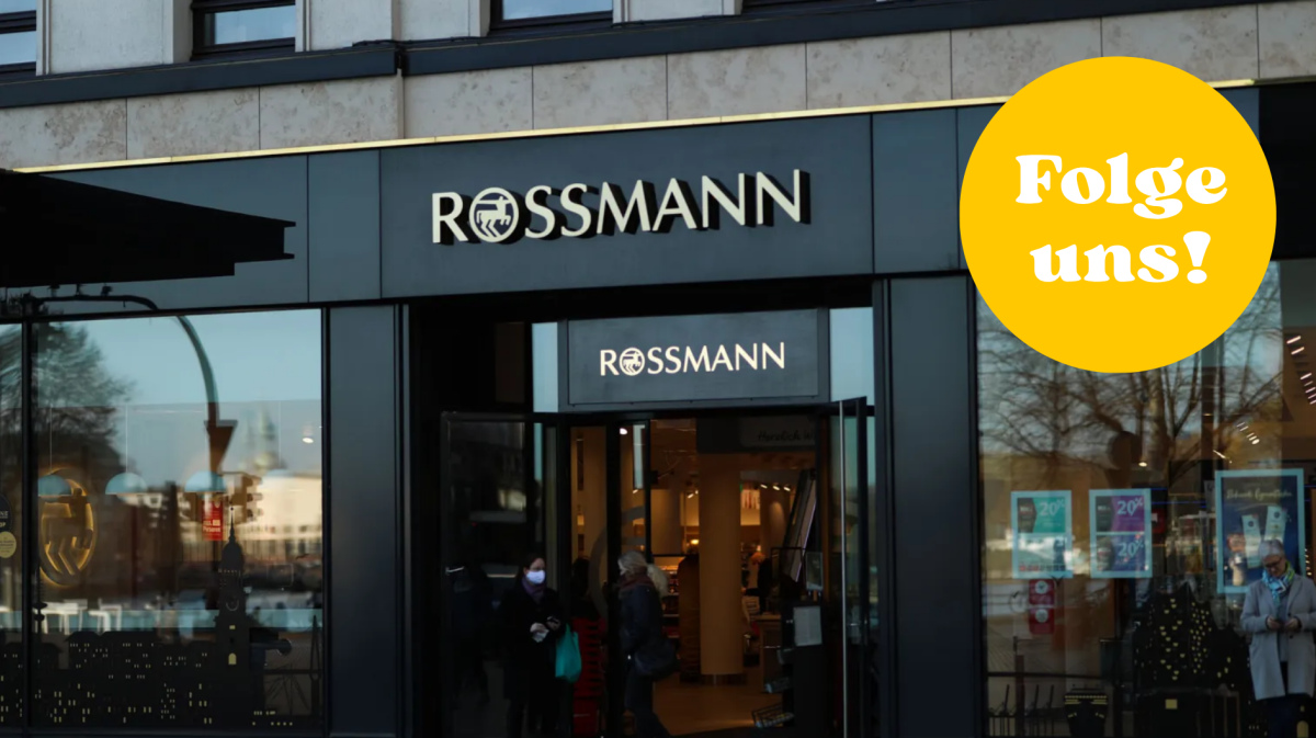Schicke Rossmann Drogerie Filiale mit Folge uns Button in Gelb
