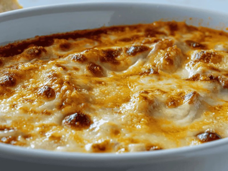 Auflauf mit viel Käse überbacken in weißer Form.